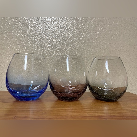 3 Pier 1 Blue Plum & Avocado colors of Crackle Glass Stemless Wine Glasses 16oz. - Picture 2 of 9